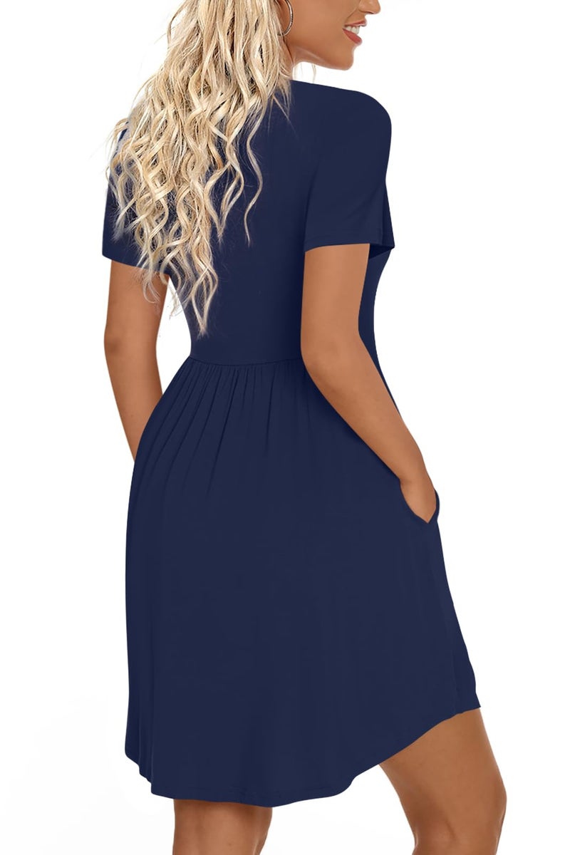LONGYUAN Casual Woman Short Sleeve Loose Dresses Swing Sundresses with Pockets Navy Blue X-Large - Image 2
